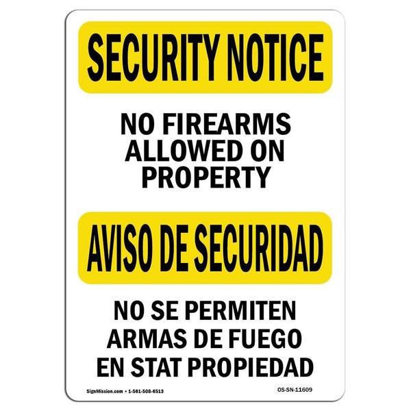 Signmission OSHA Security Sign, 12" Height, 18" Width, No Firearms On Property Bilingual, Landscape OS-SN-D-1218-L-11609